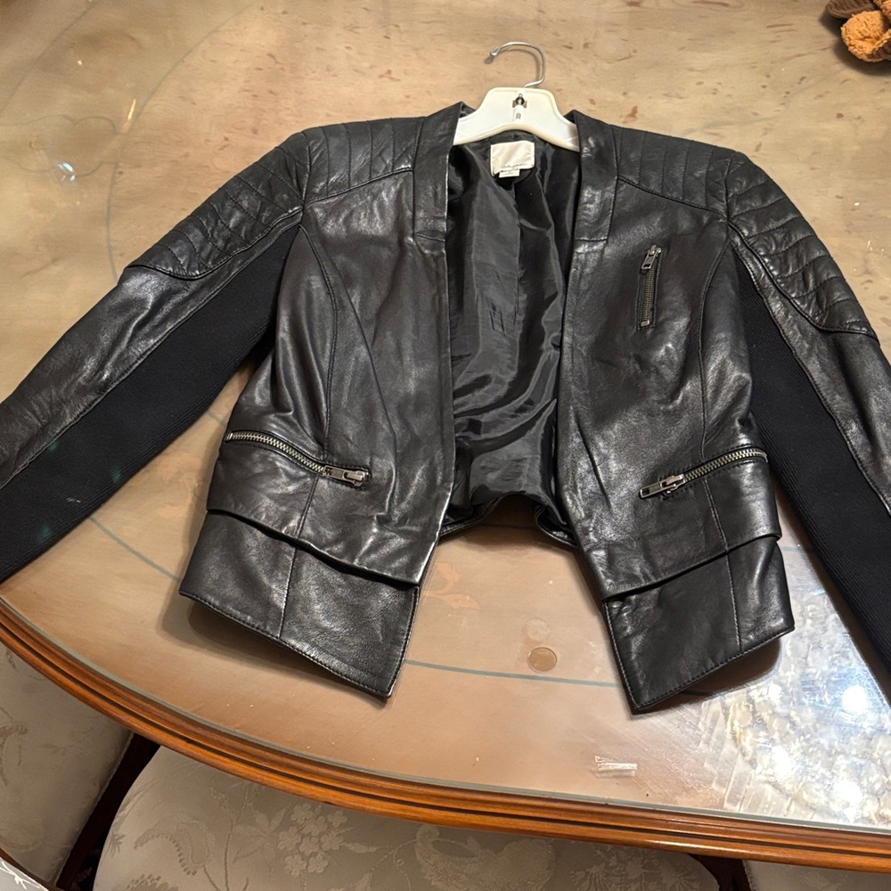 Halogen Black Leather Jacket with Quilted Shoulders